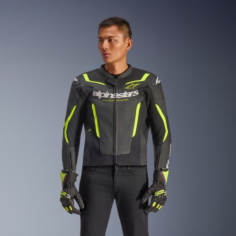 Alpinestars GP Force V2 Airflow ādas motocikla jaka melna-fluorēta dzeltena