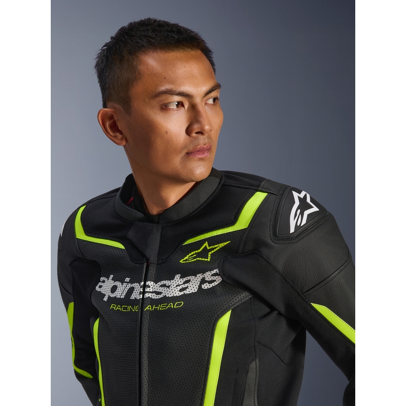 Alpinestars GP Force V2 Airflow ādas motocikla jaka melna-fluorēta dzeltena