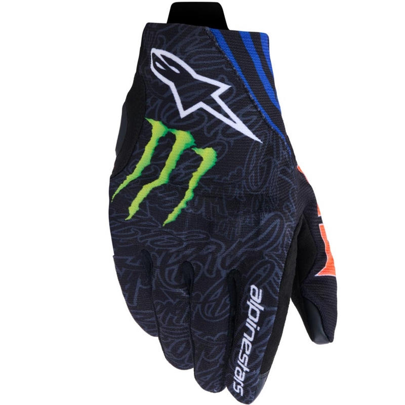 Alpinestars Reef V2 FQ20 motocikla cimdu kolekcija, melni-fluorēti sarkani-zili-zaļi