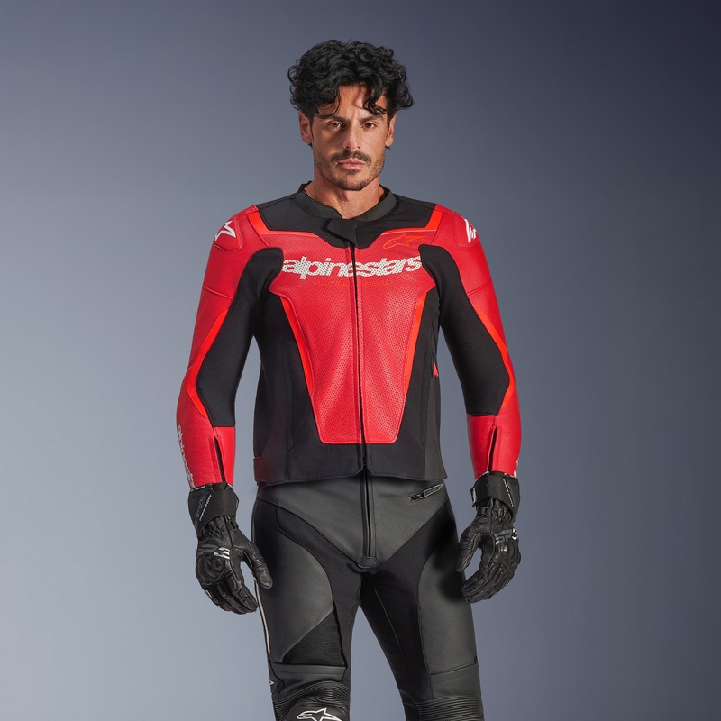 Alpinestars GP Force V2 Airflow ādas motocikla jaka, fluorescējoši sarkana-melna-balta
