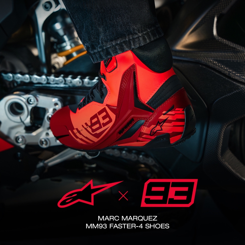 Alpinestars Faster-4 MM93 motociklu zābaki, fluorescējoša kolekcija, sarkani-sarkani-melni