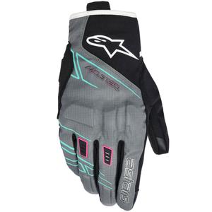 Sieviešu motocikla cimdi Alpinestars STELLA MOBLAST WATERPROOF pelēki-melni-fluorescējoši rozā-tirkīzzili-balti