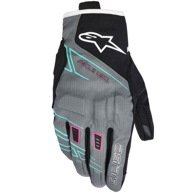 Sieviešu motocikla cimdi Alpinestars STELLA MOBLAST WATERPROOF pelēki-melni-fluorescējoši rozā-tirkīzzili-balti