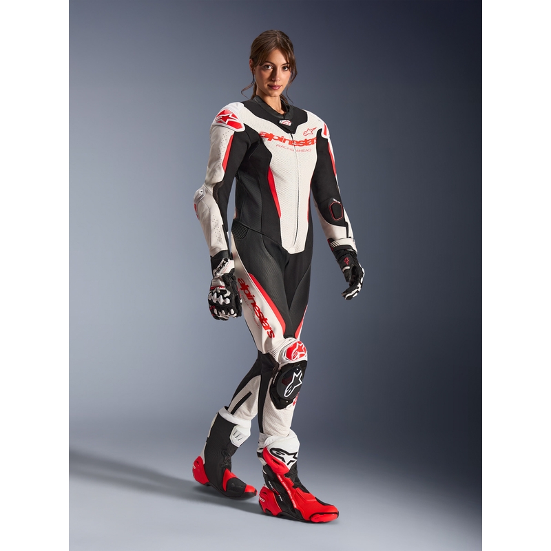 Sieviešu ādas motocikla kombinezons Alpinestars Stella GP-R7 balts-fluorescējošs sarkans-melns