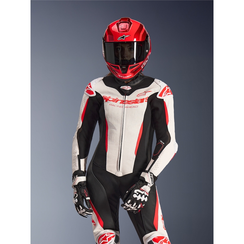 Sieviešu ādas motocikla kombinezons Alpinestars Stella GP-R7 balts-fluorescējošs sarkans-melns