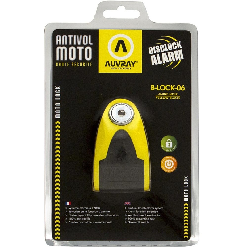 Auvray B-Lock 06 bremžu disku slēdzene ar 120 dB trauksmes signālu, dzeltena