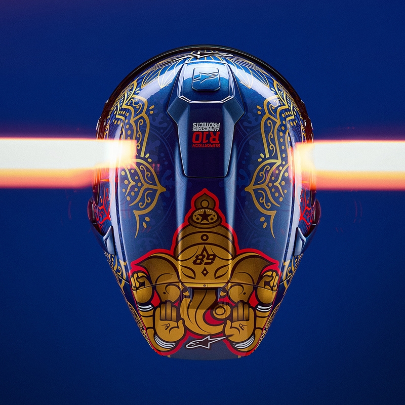 Pilna izmēra motocikla ķivere Alpinestars Supertech R10 Marthanator ierobežotā izdevuma JORGE MARTIN zila pērļu zelta sarkana