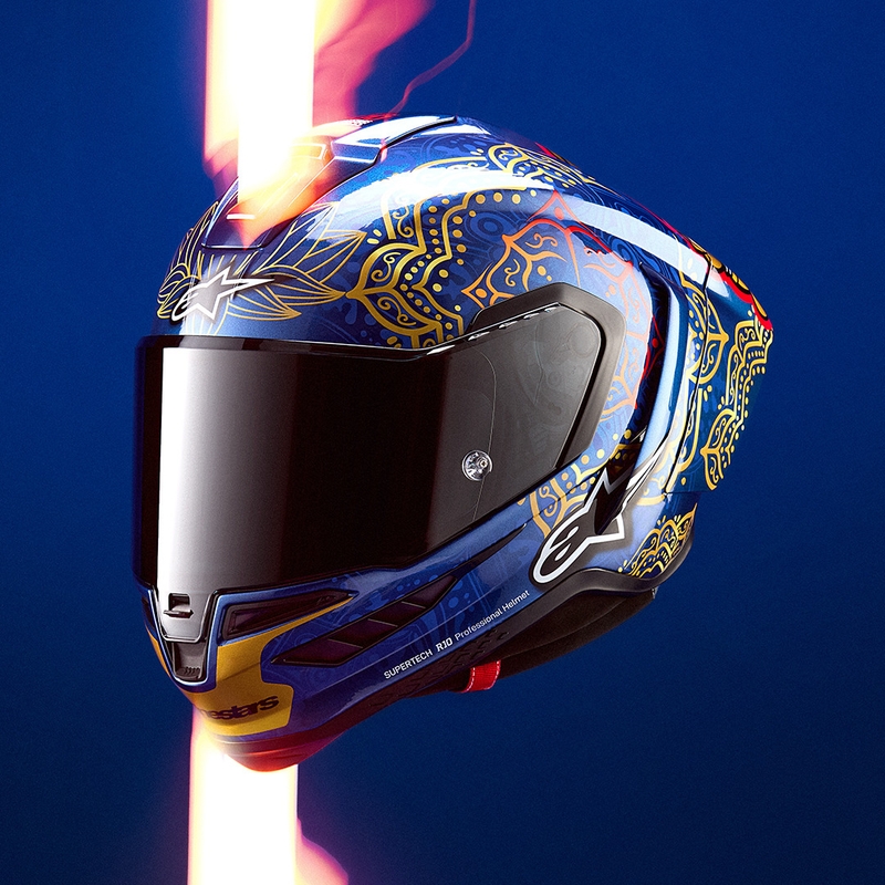 Pilna izmēra motocikla ķivere Alpinestars Supertech R10 Marthanator ierobežotā izdevuma JORGE MARTIN zila pērļu zelta sarkana