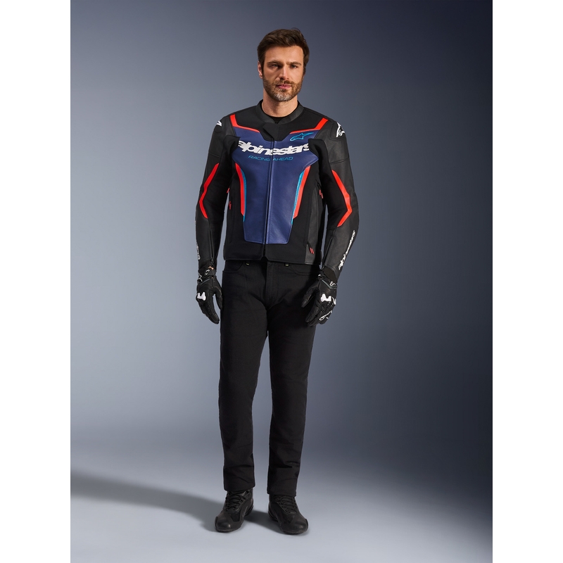 Alpinestars GP Force V2 ādas motocikla jaka melna-zila-fluorescenta sarkana