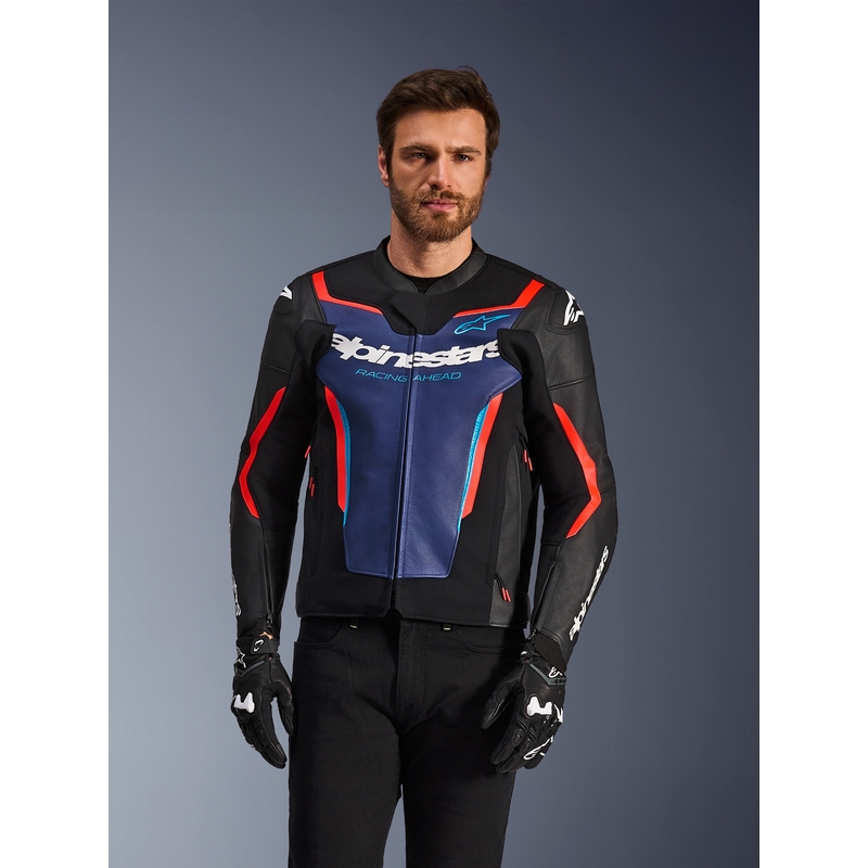 Alpinestars GP Force V2 ādas motocikla jaka melna-zila-fluorescenta sarkana