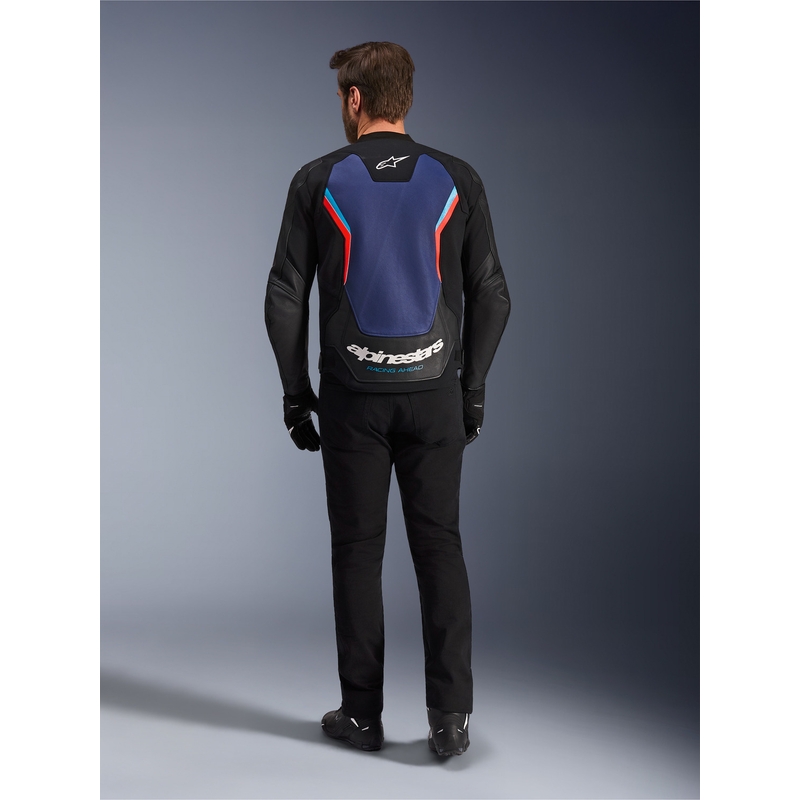Alpinestars GP Force V2 ādas motocikla jaka melna-zila-fluorescenta sarkana
