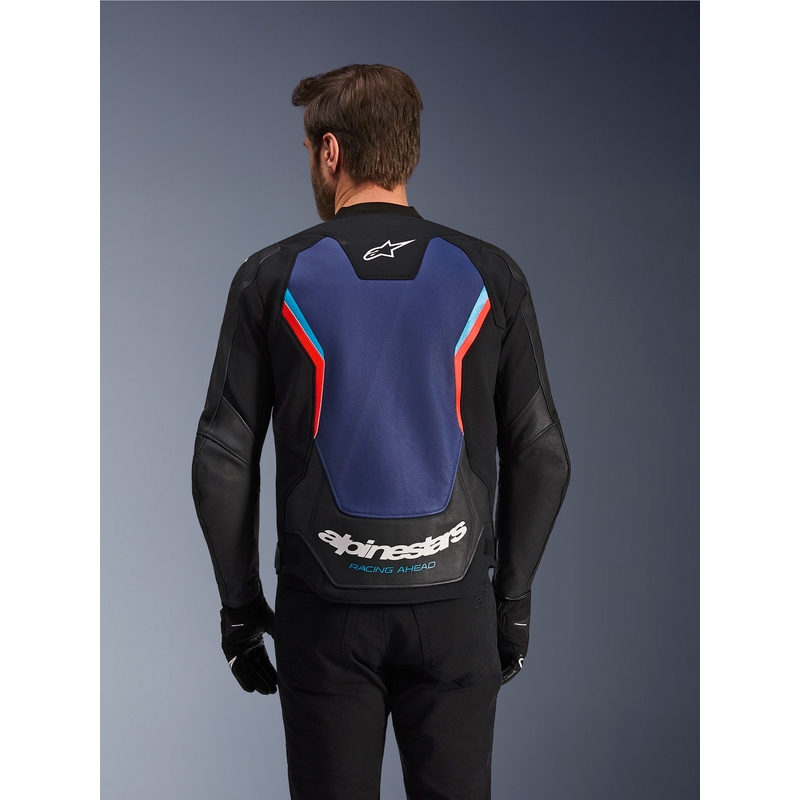 Alpinestars GP Force V2 ādas motocikla jaka melna-zila-fluorescenta sarkana
