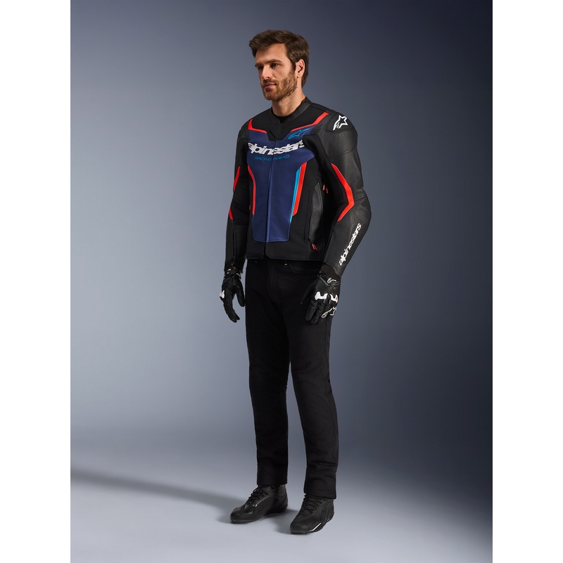 Alpinestars GP Force V2 ādas motocikla jaka melna-zila-fluorescenta sarkana