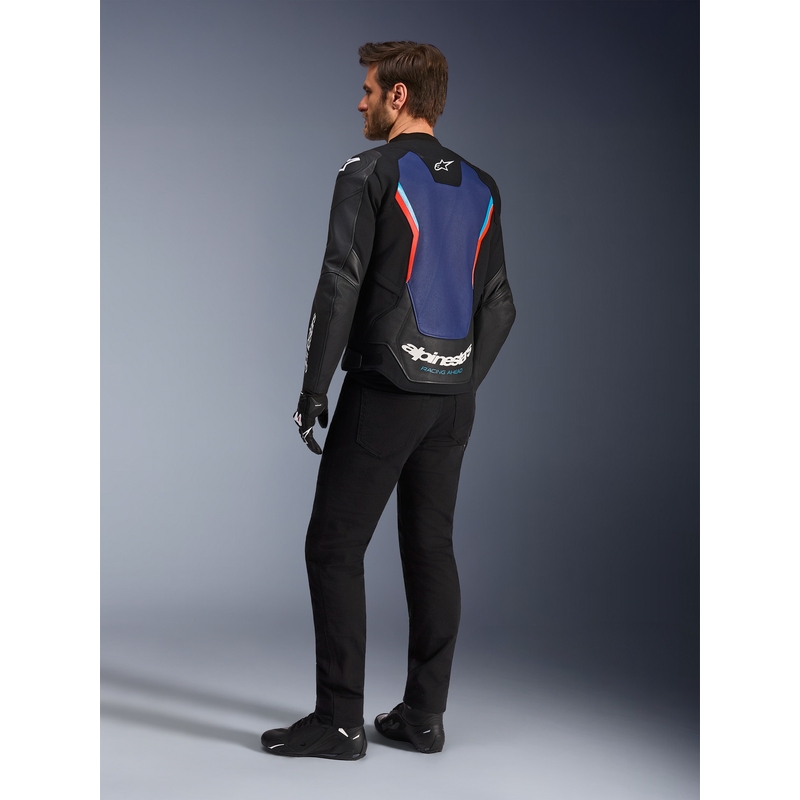 Alpinestars GP Force V2 ādas motocikla jaka melna-zila-fluorescenta sarkana