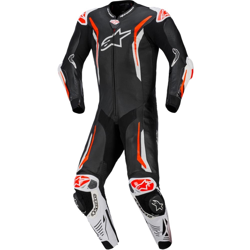 Alpinestars GP TECH V5 ādas motocikla kombinezons melns-balts-fluorescējoši sarkans