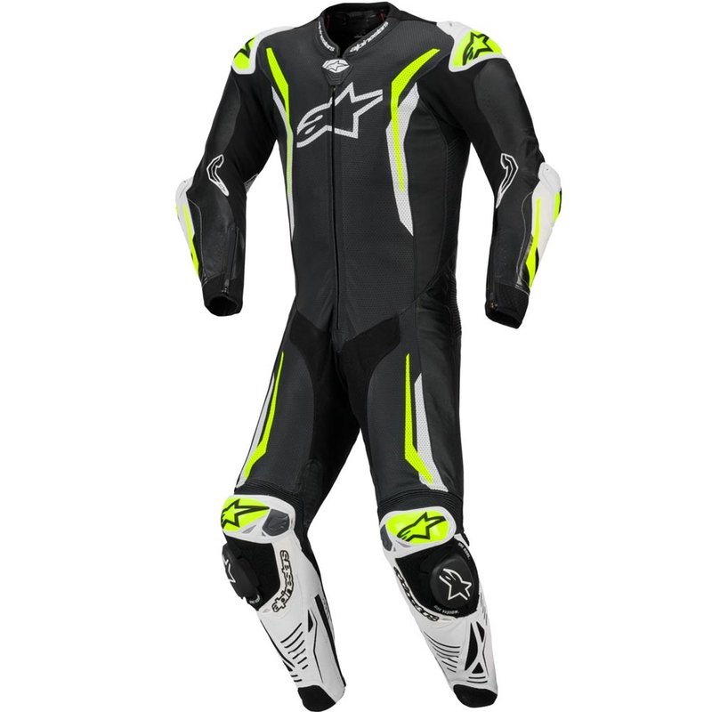 Alpinestars GP TECH V5 ādas motocikla kombinezons melns-balts-fluorescējošs dzeltens