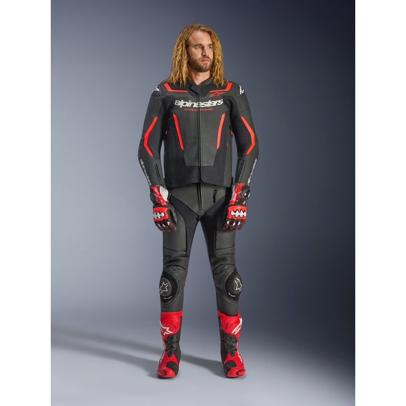 Alpinestars GP Force V2 ādas motocikla jaka melna-fluorescējoši sarkana-balta