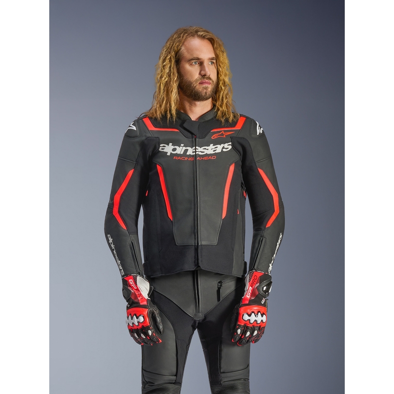 Alpinestars GP Force V2 ādas motocikla jaka melna-fluorescējoši sarkana-balta