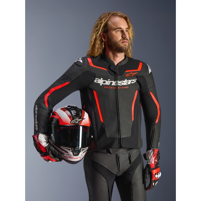 Alpinestars GP Force V2 ādas motocikla jaka melna-fluorescējoši sarkana-balta