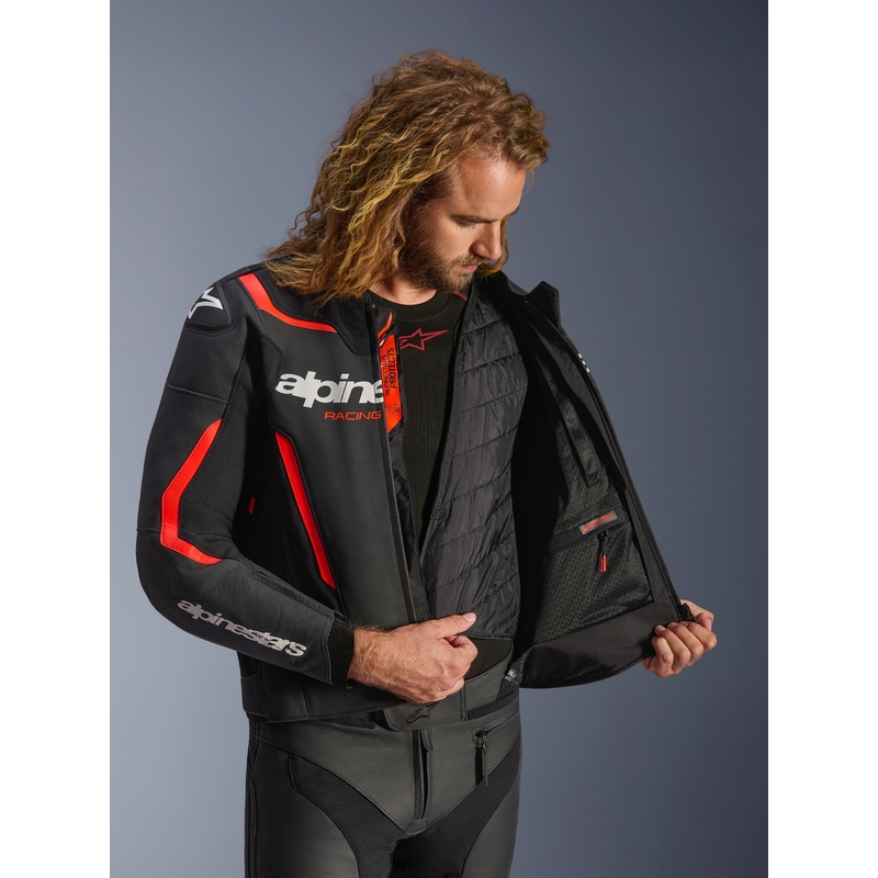 Alpinestars GP Force V2 ādas motocikla jaka melna-fluorescējoši sarkana-balta