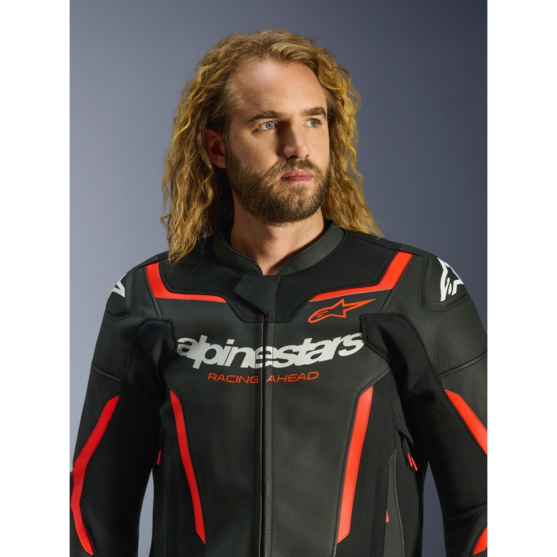 Alpinestars GP Force V2 ādas motocikla jaka melna-fluorescējoši sarkana-balta