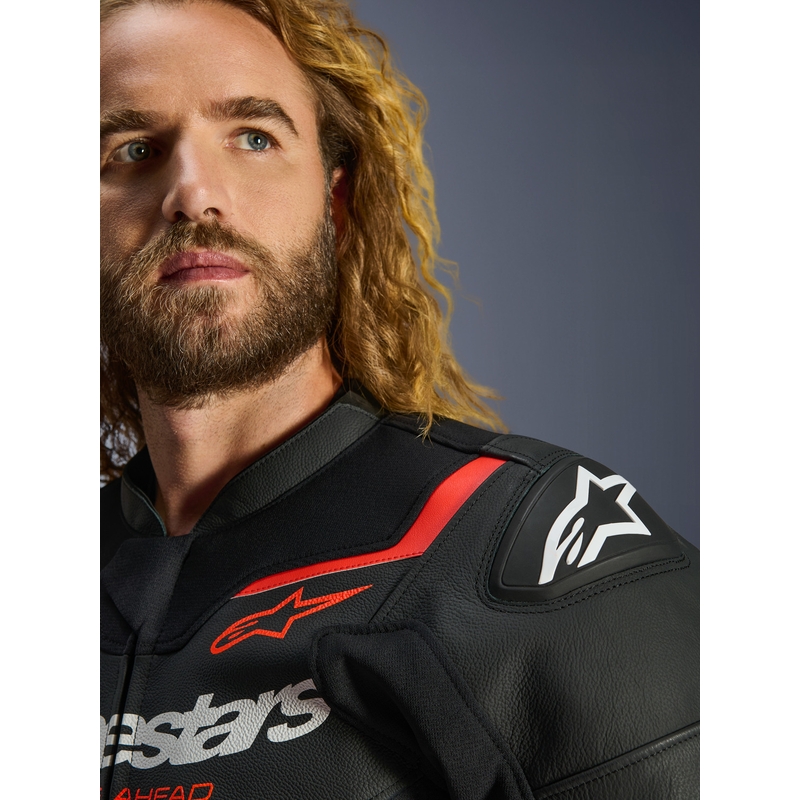 Alpinestars GP Force V2 ādas motocikla jaka melna-fluorescējoši sarkana-balta
