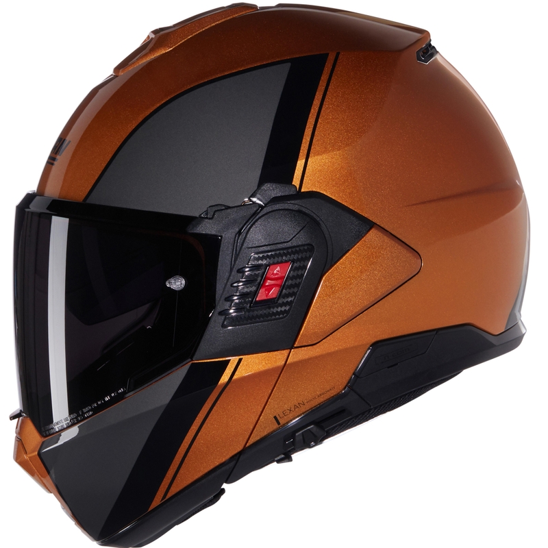 Atverama motocikla ķivere Nolan N120-1 Verniciatura Speciale N-COM 343 spīdīgi melna okera krāsā