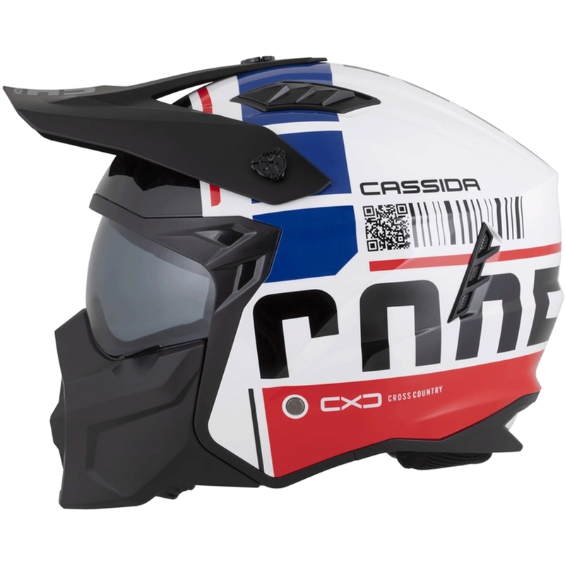 Modulāra motocikla ķivere Cassida Cross Country Code balta-sarkana-zila-melna