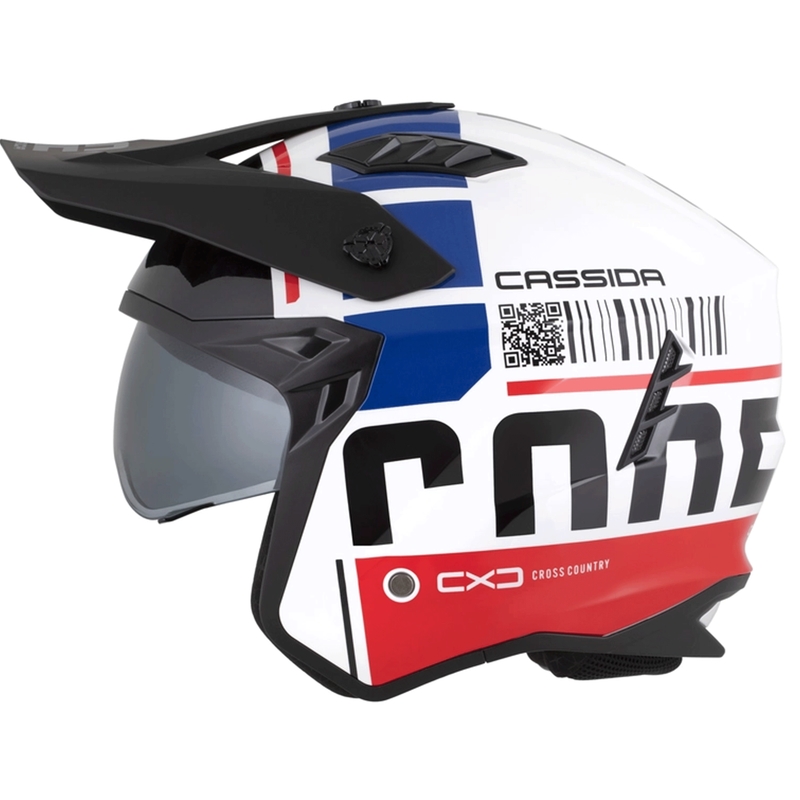 Modulāra motocikla ķivere Cassida Cross Country Code balta-sarkana-zila-melna