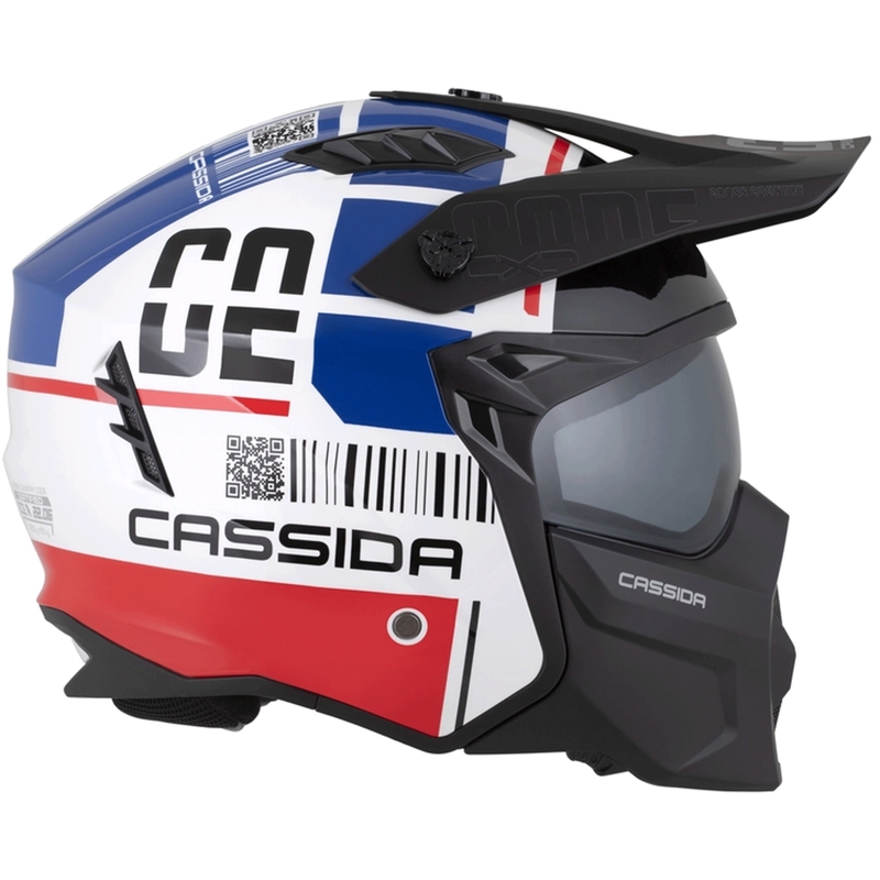 Modulāra motocikla ķivere Cassida Cross Country Code balta-sarkana-zila-melna