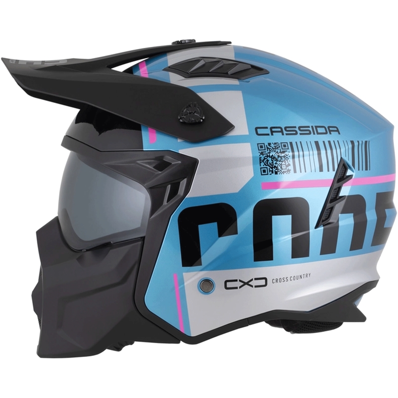 Modulāra motocikla ķivere Cassida Cross Country Code pērļu zila-sudraba-rozā-melna