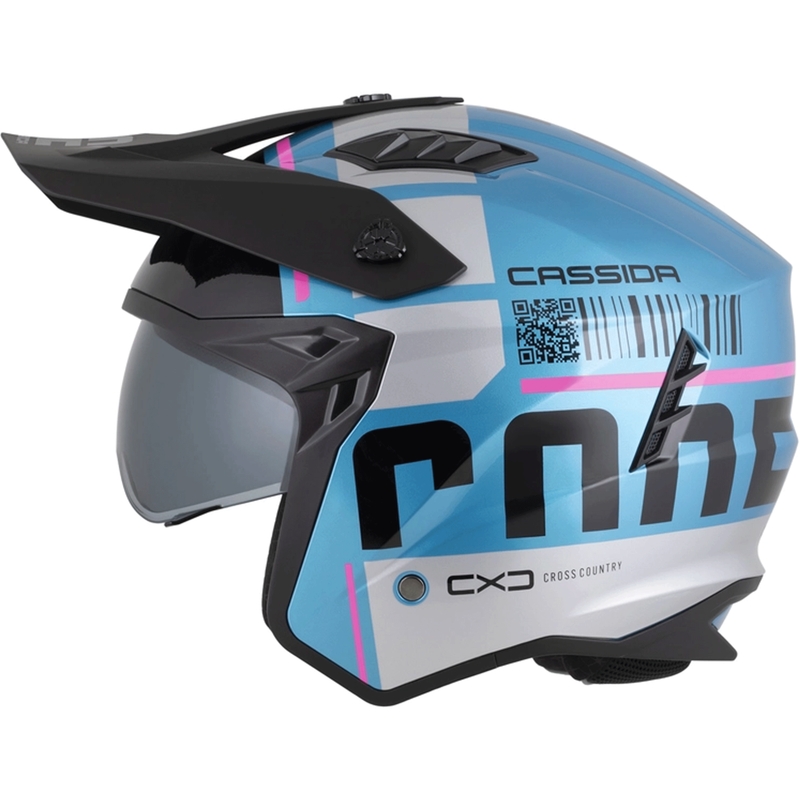 Modulāra motocikla ķivere Cassida Cross Country Code pērļu zila-sudraba-rozā-melna
