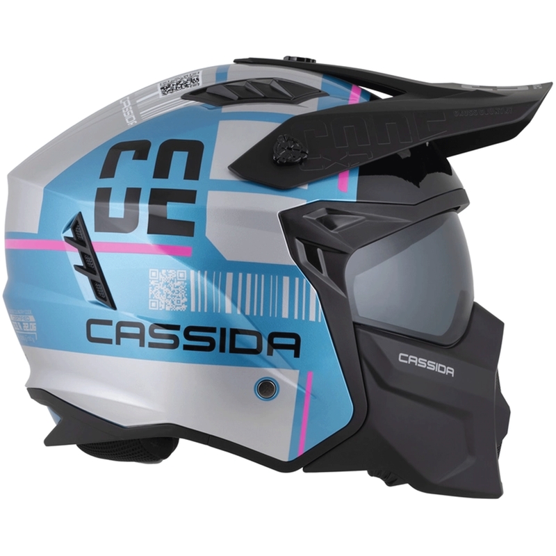 Modulāra motocikla ķivere Cassida Cross Country Code pērļu zila-sudraba-rozā-melna