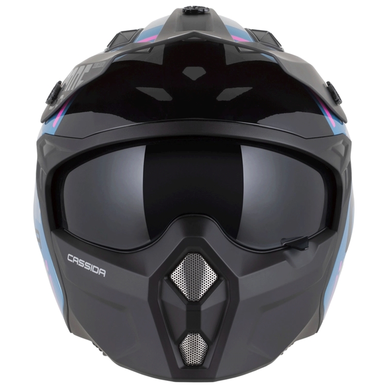 Modulāra motocikla ķivere Cassida Cross Country Code pērļu zila-sudraba-rozā-melna
