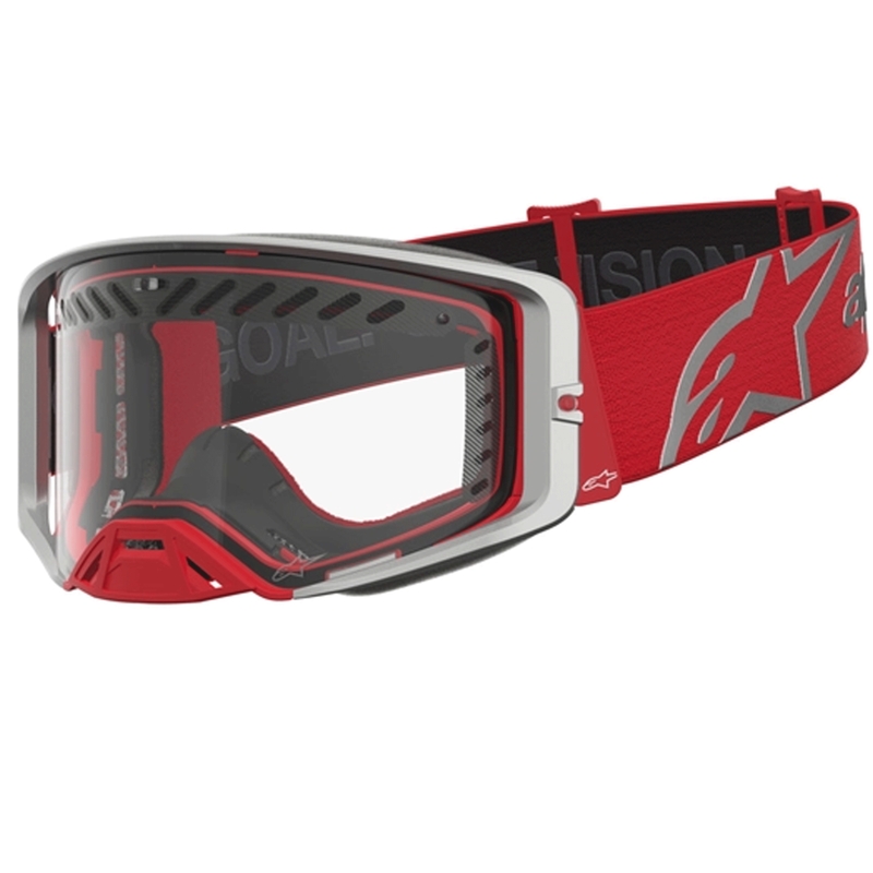 Alpinestars Supertech Dura Air Fluid sarkani sudrabainas motokrosa brilles ar caurspīdīgu pleksiglasu
