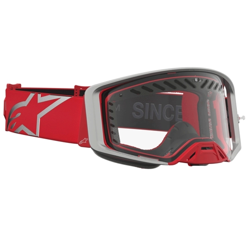 Alpinestars Supertech Dura Air Fluid sarkani sudrabainas motokrosa brilles ar caurspīdīgu pleksiglasu