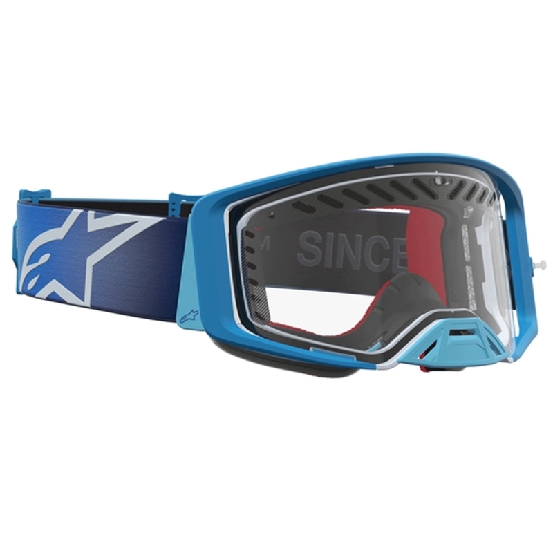 Alpinestars Supertech Dura Air Fluid zili sudrabainas motokrosa brilles ar caurspīdīgu pleksiglasu