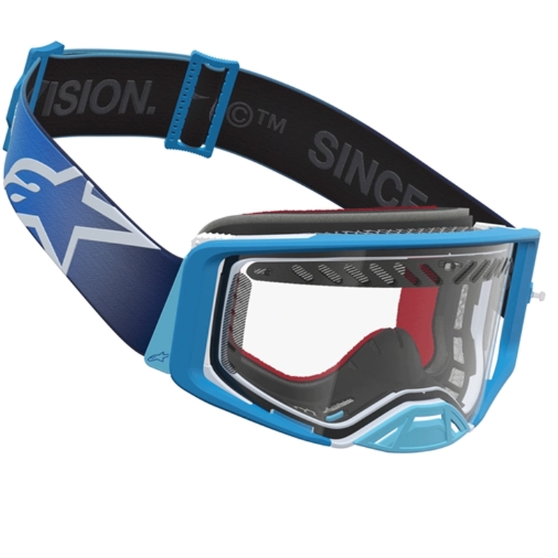 Alpinestars Supertech Dura Air Fluid zili sudrabainas motokrosa brilles ar caurspīdīgu pleksiglasu