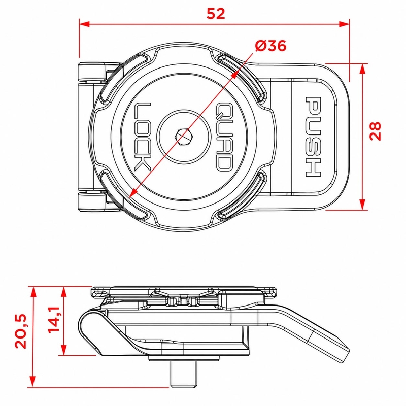 Quad Lock® 360 īsa sviras mobilā tālruņa turētāja galviņa, melna