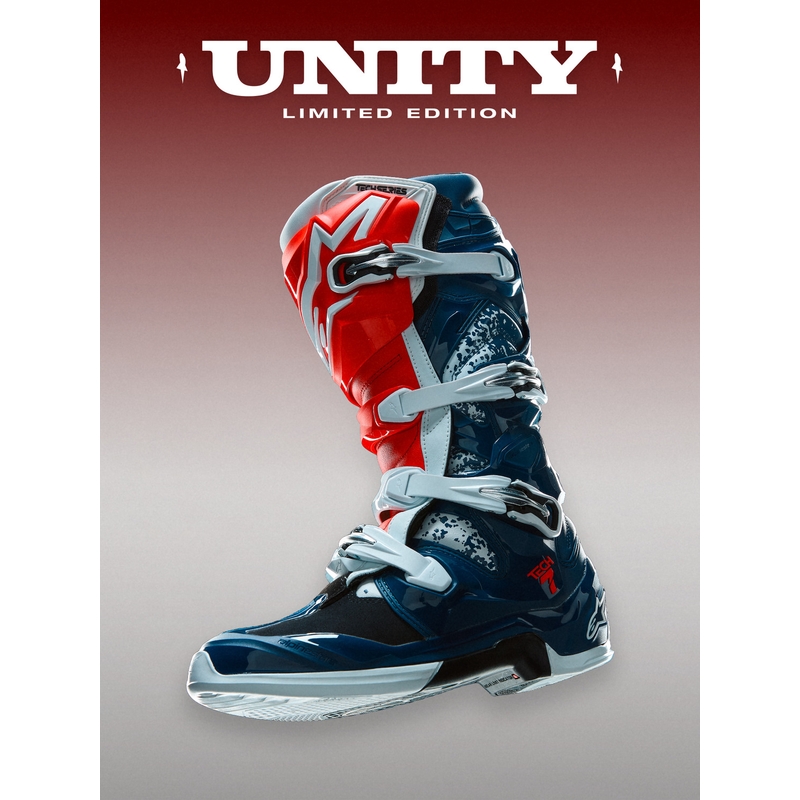 Alpinestars TECH 7 UNITY motokrosa zābaki sarkani-balti-zili