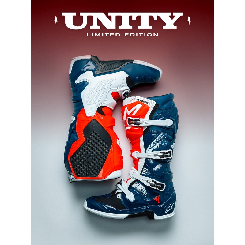 Alpinestars TECH 7 UNITY motokrosa zābaki sarkani-balti-zili