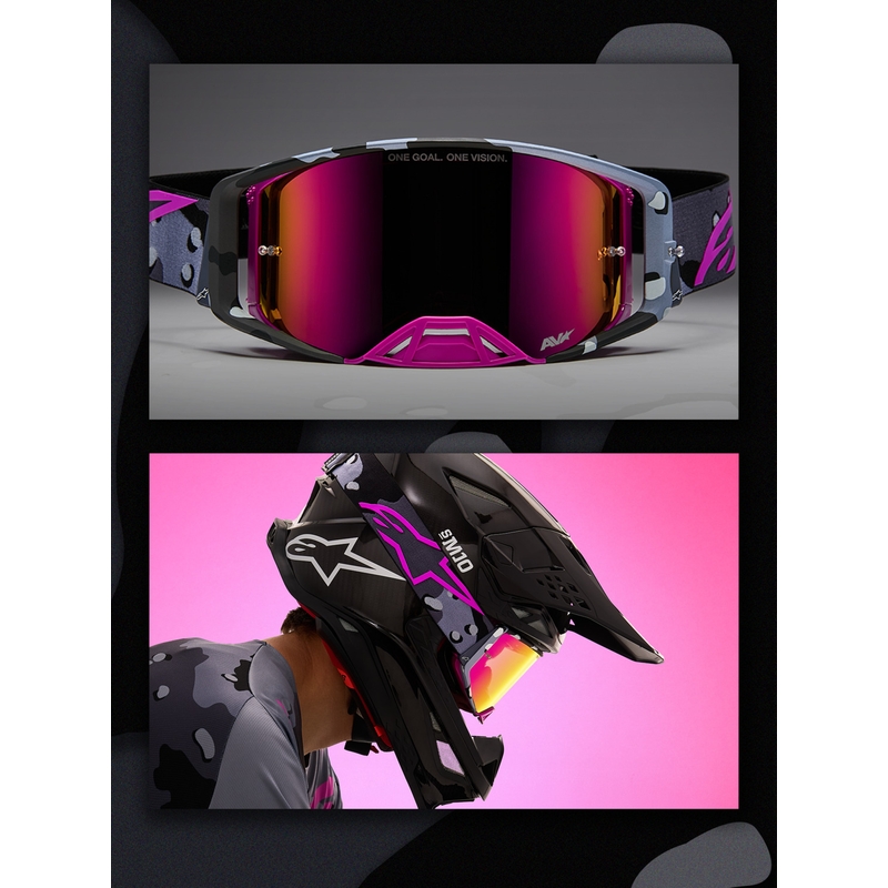 Alpinestars Supertech Lone violetas kamuflāžas motokrosa brilles ar spoguļrozā plexiglasu