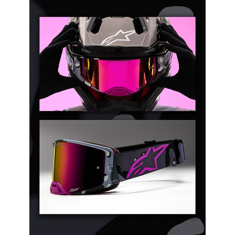 Alpinestars Supertech Lone violetas kamuflāžas motokrosa brilles ar spoguļrozā plexiglasu