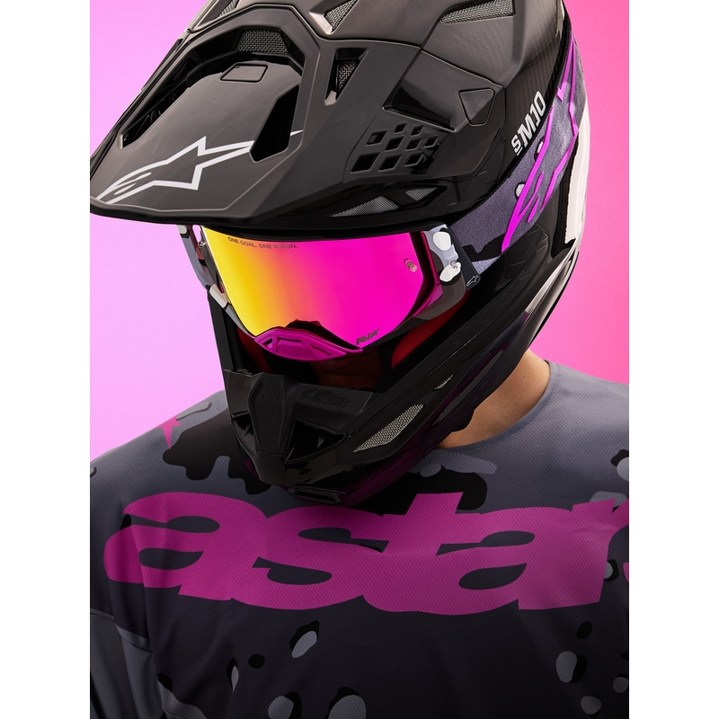 Alpinestars Supertech Lone violetas kamuflāžas motokrosa brilles ar spoguļrozā plexiglasu