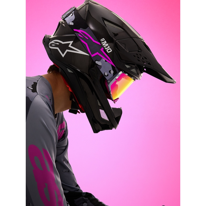 Alpinestars Supertech Lone violetas kamuflāžas motokrosa brilles ar spoguļrozā plexiglasu