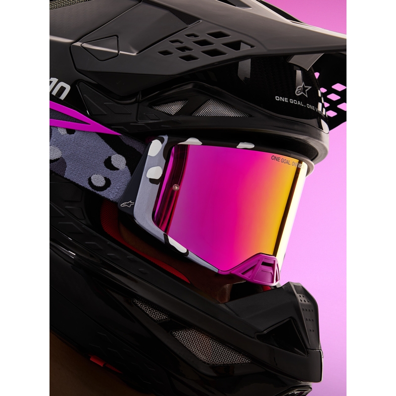 Alpinestars Supertech Lone violetas kamuflāžas motokrosa brilles ar spoguļrozā plexiglasu