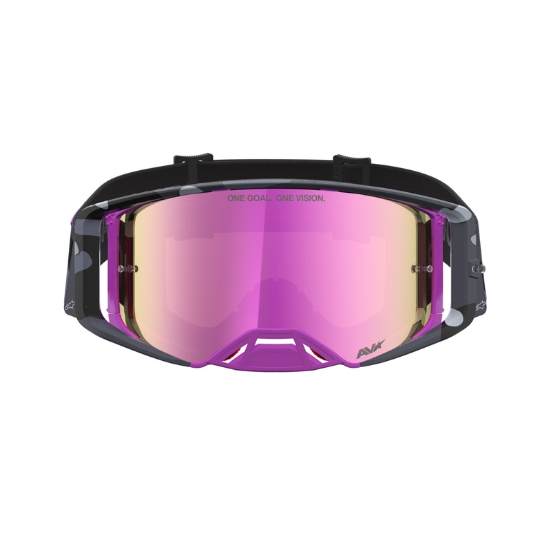 Alpinestars Supertech Lone violetas kamuflāžas motokrosa brilles ar spoguļrozā plexiglasu
