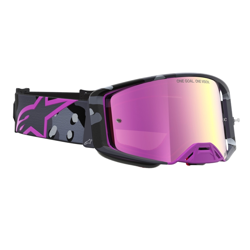 Alpinestars Supertech Lone violetas kamuflāžas motokrosa brilles ar spoguļrozā plexiglasu