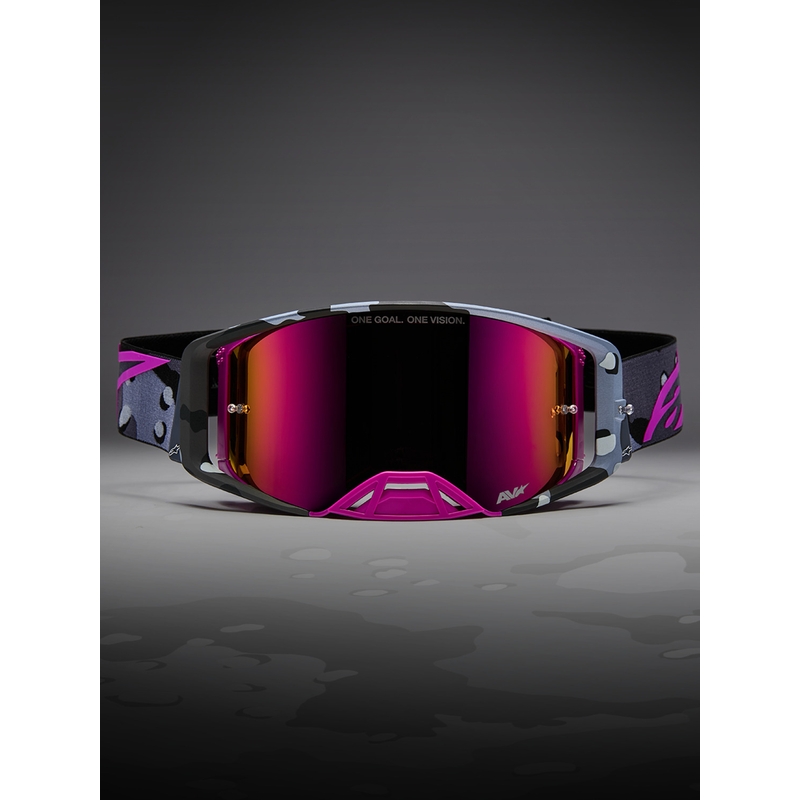 Alpinestars Supertech Lone violetas kamuflāžas motokrosa brilles ar spoguļrozā plexiglasu