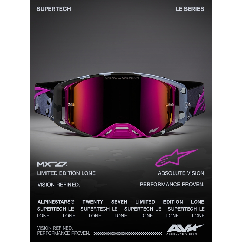 Alpinestars Supertech Lone violetas kamuflāžas motokrosa brilles ar spoguļrozā plexiglasu
